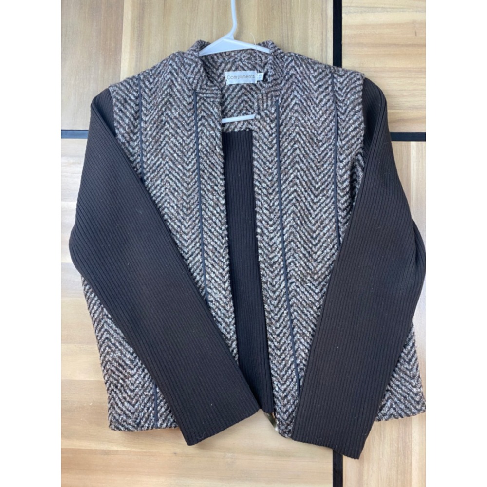 Compliments Herringbone‎ Blazer Jacket Size 12 Brown Ribbed Knit Sleeve Career